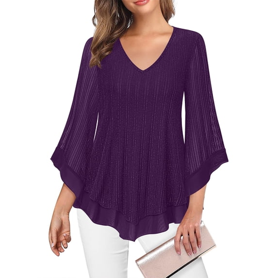 ClodeEU Womens Ruffle 3/4 Sleeve V Neck Double Layers Mesh Blouses,Flared Sleeve Tunic Tops Purple,Womens Plus M