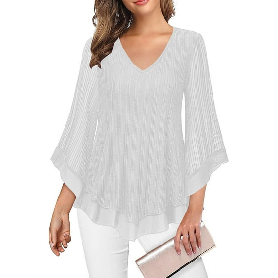 ClodeEU Womens Ruffle 3/4 Sleeve V Neck Double Layers Mesh Blouses,Flared Sleeve Tunic Tops White,Womens Plus XXL