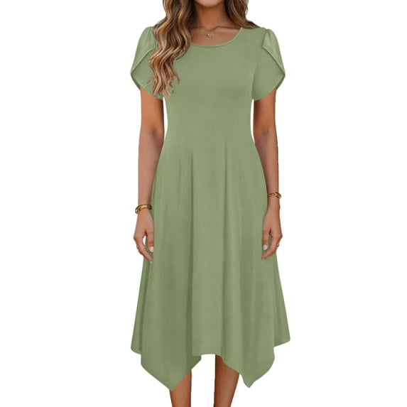 ClodeEU Womens Ruffle Short Sleeve Asymmetrical Hem Dress,Flowy Beach Sundress with Pockets A-Green,Womens Plus L