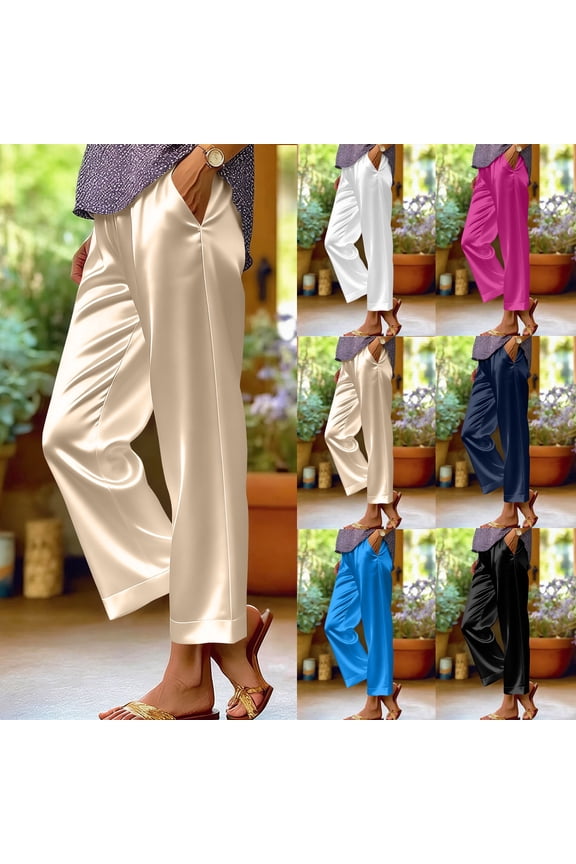 Womens Satin Elastic Waist Straight Leg Pants,Loose Fit Lounge Pants Office Work Trousers White,Womens Plus XXL