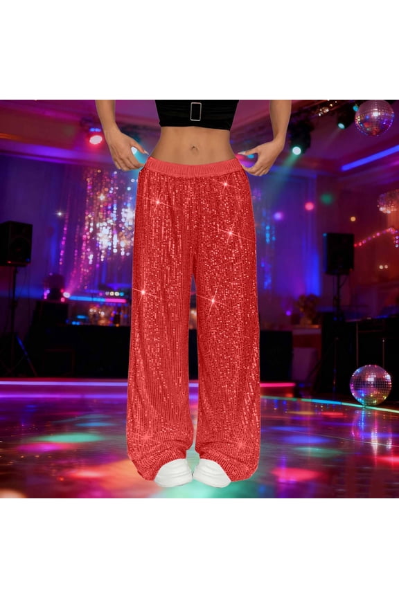 Womens Sequin Wide Leg Pants,Elastic Waisted Sparkly Glitter Pant For Party Red,Womens Plus S