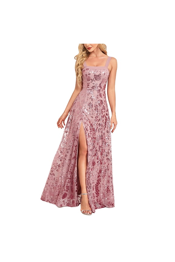 U Womens Sequined Long Party Dress with Sleeveless,Floral Print Maxi Dress with Slit，for Wedding Guest Party Pink,Womens Plus M