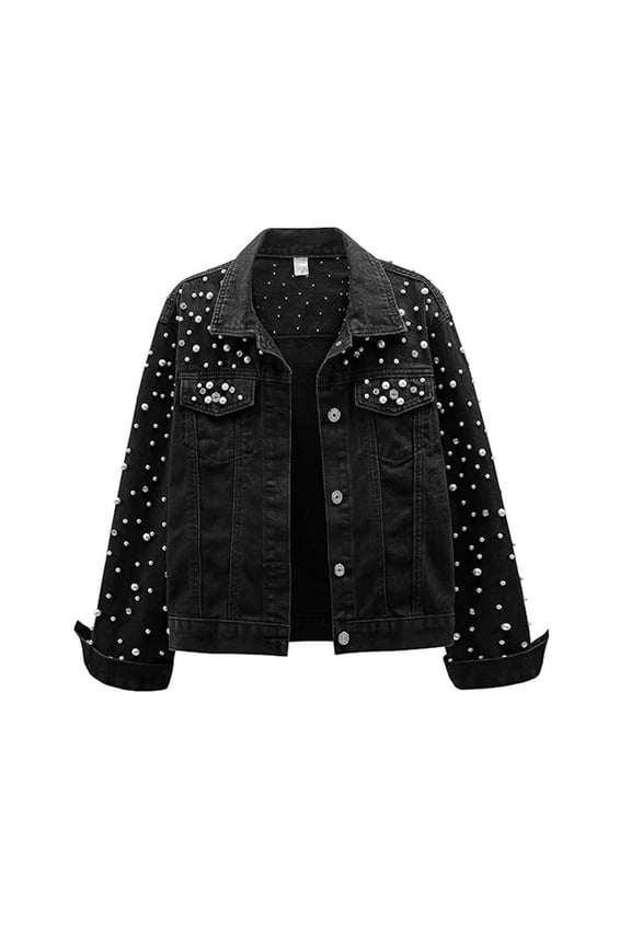 Womens Short Crystal-Embellished Denim Jacket,Button Long Sleeve Trendy Denim Jacket Black,Womens Plus L