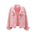 thumbnail image 1 of ClodeEU Womens Short Crystal-Embellished Denim Jacket,Button Long Sleeve Trendy Denim Jacket Pink,Womens Plus XL, 1 of 2