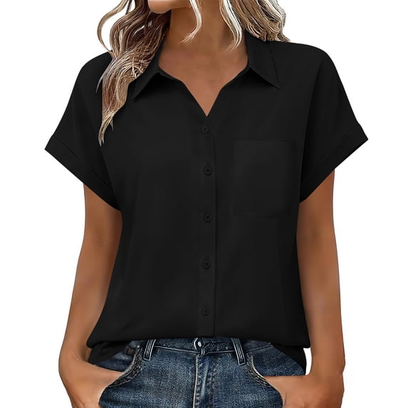 ClodeEU Womens Short Sleeve Button Down Collared Shirts ,Casual Lightweight Tops Blouses Black,Womens Plus L