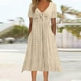 thumbnail image 1 of ClodeEU Womens Short Sleeve Dress ， Solid Color V-Neck Dresses，Tied Waist Pocket Dress Khaki,Womens Plus S, 1 of 7