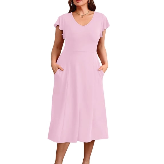 ClodeEU Womens Short Sleeve Round Neck Midi Dress,Elegant Classy Ruffle Sleeve Scoop Neck Dress Pink,Womens Plus XL