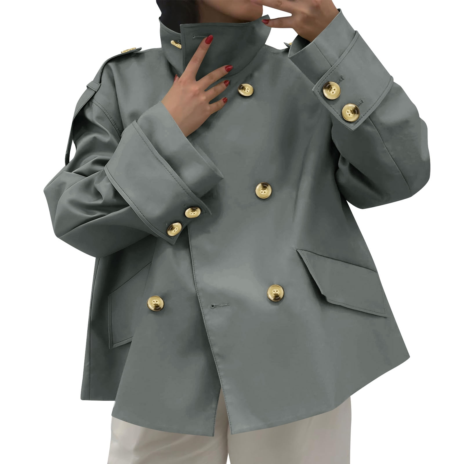 ClodeEU Womens Short Trench Coat,Oversized Double Breasted Stand