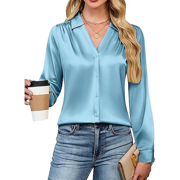 ClodeEU Womens Silk Button Down V Neck Shirts,Long Sleeve Work Blouses,Trendy Elegantes Shirts Light Blue 03,Womens Plus XL