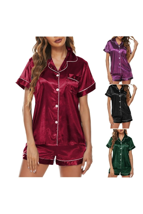 Womens Silk Satin Pajamas Sets,Short Sleeve Loungewear Two-Piece Sleepwear Button Down Pj Set Wine,Womens Plus L