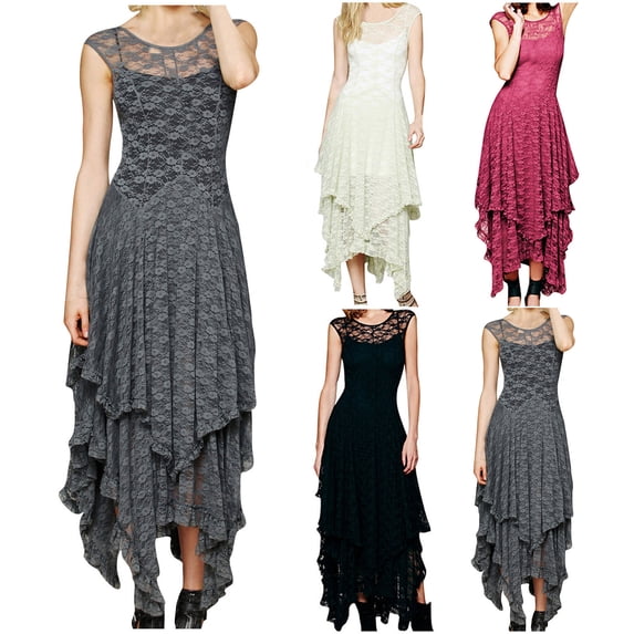 ClodeEU Womens Sleeveless Retro Lace Dress,Layered Tunic Lace Long Dress Gray,Womens Plus L