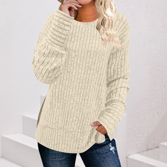 ClodeEU Womens Soft Long Sleeve Crewneck Shirts ,Fall Casual Loose Fit Knit Tops Blouses ,Fall Sweaters Curved Hem Beige,Womens Plus Small