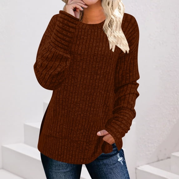ClodeEU Womens Soft Long Sleeve Crewneck Shirts ,Fall Casual Loose Fit Knit Tops Blouses ,Fall Sweaters Curved Hem Coffee,Womens Plus X-Large