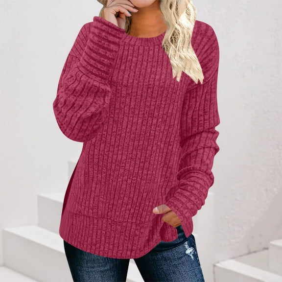 ClodeEU Womens Soft Long Sleeve Crewneck Shirts ,Fall Casual Loose Fit Knit Tops Blouses ,Fall Sweaters Curved Hem Hot Pink,Womens Plus Medium