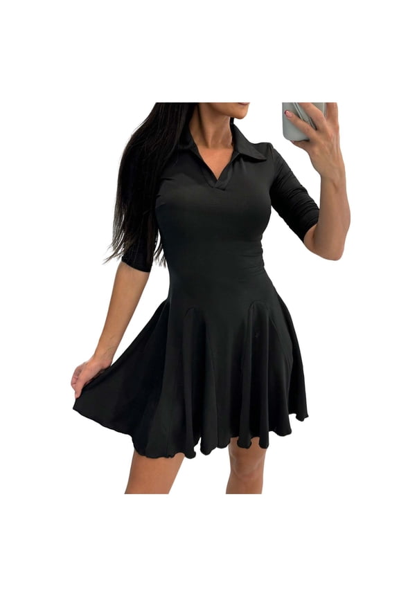 U Womens Solid V Neck Waist Defining Dress,Flare Elegant A line Swing Mini Dresses Black,Womens Plus S