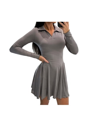 U Womens Solid V Neck Waist Defining Dress,Flare Elegant A line Swing Mini Dresses Gray,Womens Plus S