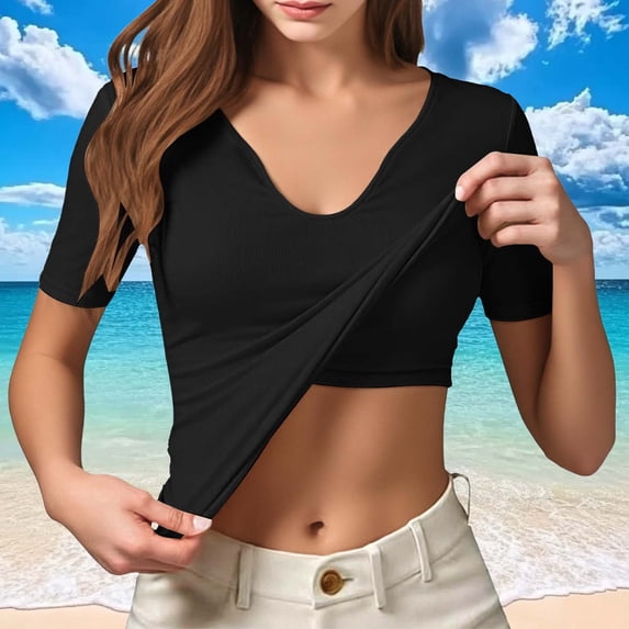 ClodeEU Womens Spring And Summer V Neck T Shirts,Short Sleeve Slim Fitting Sports Tank Top With Built-In Bra Black,Womens Plus M