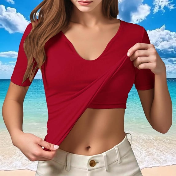 ClodeEU Womens Spring And Summer V Neck T Shirts,Short Sleeve Slim Fitting Sports Tank Top With Built-In Bra Red,Womens Plus XL