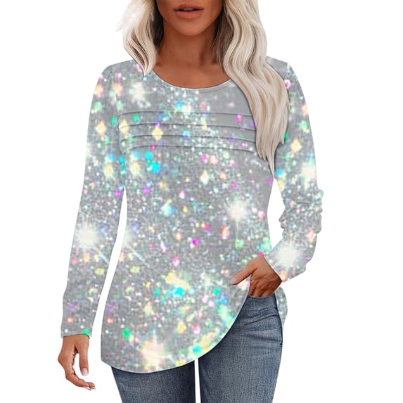 ClodeEU Womens Spring Summer Crew Neck Long Sleeve Floral Print Shimmer T-Shirt Top Silvery,Womens Plus XXXL