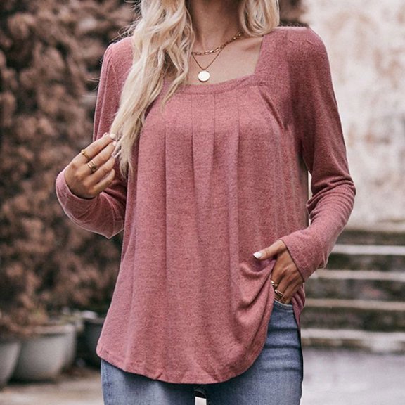 ClodeEU Womens Square Neck Pleated Tunic Blouse, Fall Long Sleeve T Shirts,Soft Casual Loose Fit Tee Tops Watermelon Red,Womens Plus S