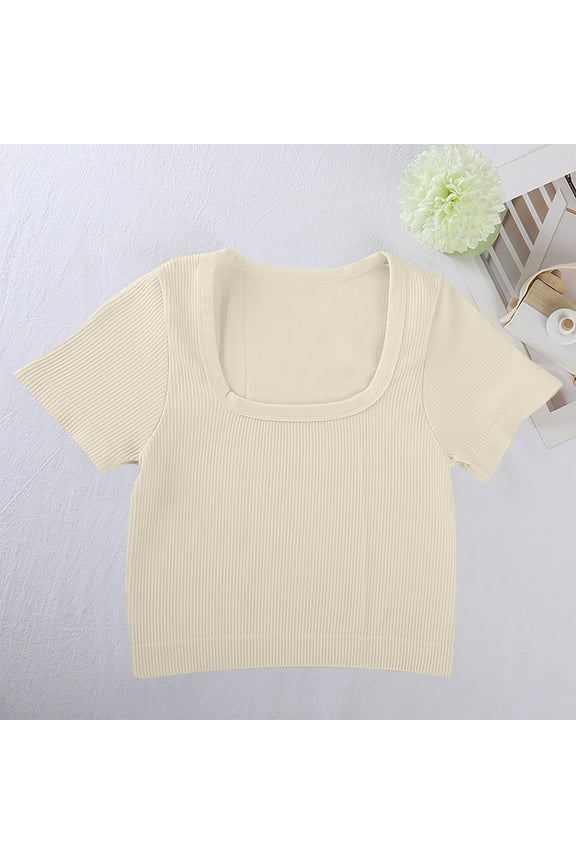 Womens Square Neck Tops, Short Sleeve Shirts Slim Fit Top Beige,Womens Plus M