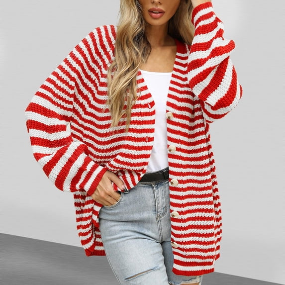 ClodeEU Womens Striped Cardigan Sweaters, V Neck Button Up Sweater ,Loose Knit Lightweight Fall Sweaters Red,Womens Plus XL