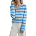 thumbnail image 1 of ClodeEU Womens Striped Knit Sweater, Long Sleeve Knitted Top,V-Neck Casual Soft Pullover Tops Blue,Womens Plus XXL, 1 of 4