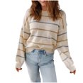 thumbnail image 1 of ClodeEU Womens Striped Long Sleeve Crewneck Sweater ,Casual Pullover Ribbed Knit Cute Sweaters Beige,Womens Plus M, 1 of 4