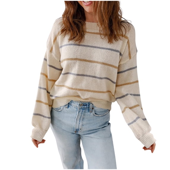 ClodeEU Womens Striped Long Sleeve Crewneck Sweater ,Casual Pullover Ribbed Knit Cute Sweaters Beige,Womens Plus M
