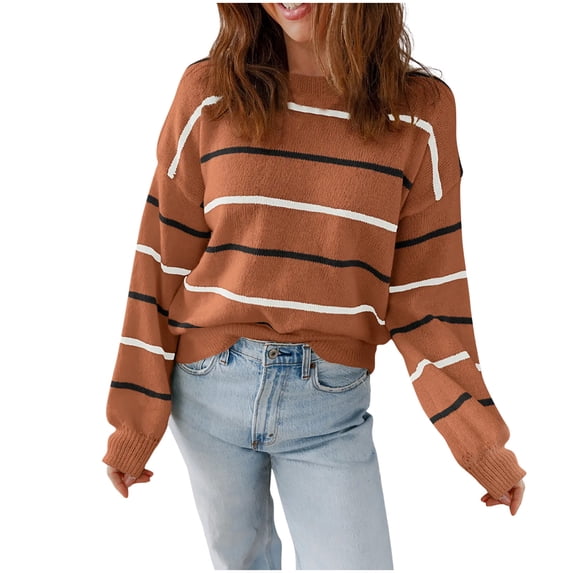 ClodeEU Womens Striped Long Sleeve Crewneck Sweater ,Casual Pullover Ribbed Knit Cute Sweaters Brown,Womens Plus S