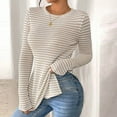 thumbnail image 1 of ClodeEU Womens Striped Long Sleeve Shirt ,Round Neck Side Slit Hem Slim Fit Knit Tops Beige,Womens Plus L, 1 of 8