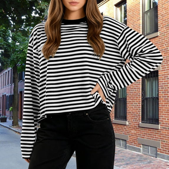 ClodeEU Womens Striped Sweatshirt ,Long Sleeve Oversized Crew Neck Color Block Loose Fit Tops Black,Womens Plus XS
