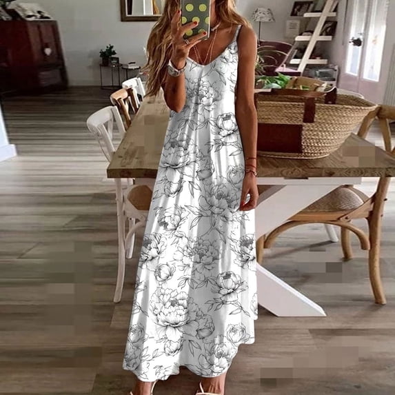 ClodeEU Womens Summer Bohemian Floral Spaghetti Straps Maxi Dress,Casual Swing Beach Dresses White,Womens Plus L