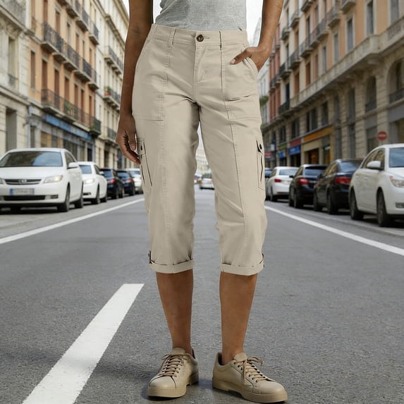 ClodeEU Womens Summer Capri Cargo Pants ,Elastic Waist Pull On Button Casual Capris Pants Beige,Womens Plus M