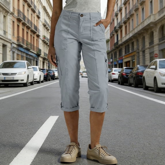ClodeEU Womens Summer Capri Cargo Pants ,Elastic Waist Pull On Button Casual Capris Pants Gray,Womens Plus M