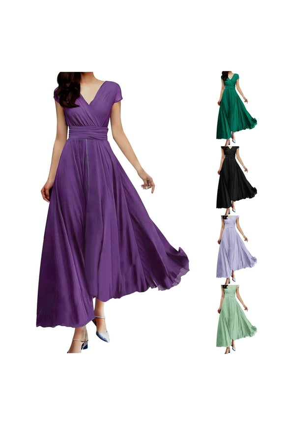 U Womens Summer Chiffon Short Slit Sleeve V Neck Ruffled Wrap Maxi Dresses,Flowy Cocktail Gown Green,Womens Plus XXXXL
