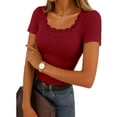 thumbnail image 1 of ClodeEU Womens Summer Lace V Neck Short Sleeve Tops ,Ribbed Knit Slim Fit Casual T Shirts Wine,Womens Plus S, 1 of 8