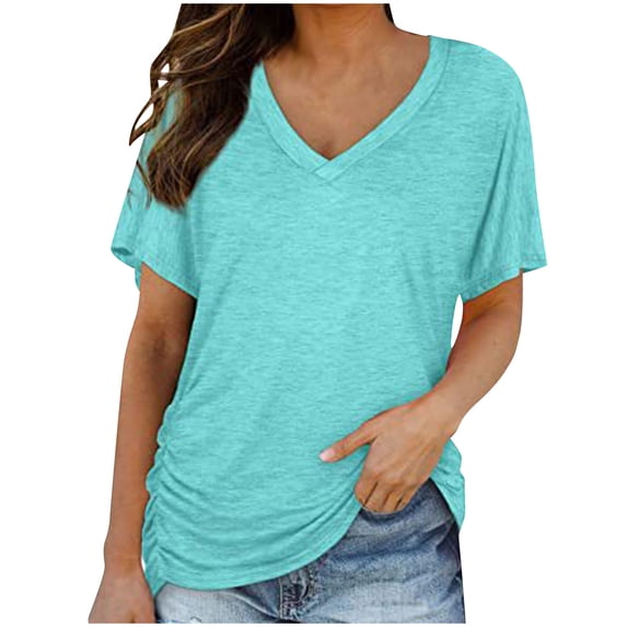 ClodeEU Womens Summer Short Sleeve V Neck T-Shirts ,Trendy Lightweight Soft Loose Fit Tee Light Blue,Womens Plus M