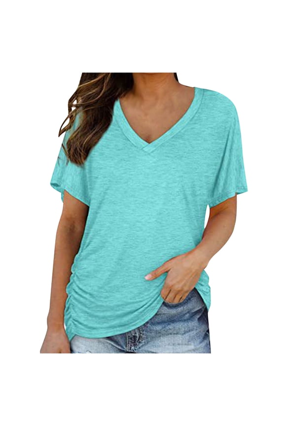 Womens Summer Short Sleeve V Neck T-Shirts ,Trendy Lightweight Soft Loose Fit Tee Light Blue,Womens Plus M