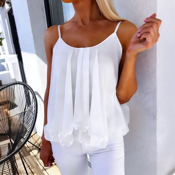 ClodeEU Womens Summer Sleeveless Ruffle Trim Cami,Casual Flowy Cami Spaghetti Strap Pleated Loose Fit Tank Top White,Womens Plus M