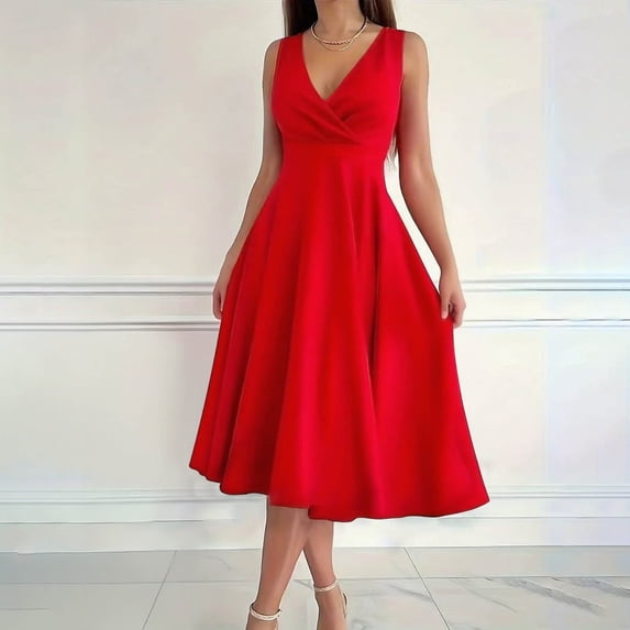 ClodeEU Womens Summer Sleeveless V Neck Evening Dress,Trendy Business Work A Line Cocktail Midi Dress Red,Womens Plus L