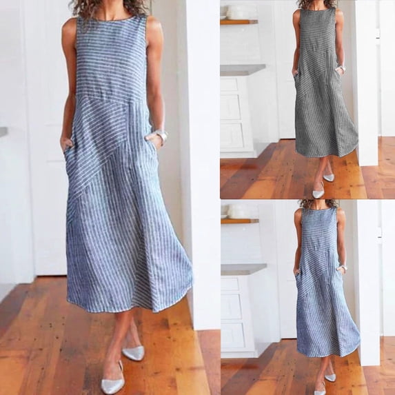 ClodeEU Womens Summer Striped Linen Blend Sleeveless Dress,Casual Maxi Dress with Pockets Black,Womens Plus L