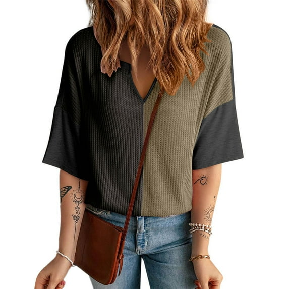 ClodeEU Womens Summer Tops,Casual V Neck Colorblock Patchwork Blouse,Half Sleeve Waffle Knitted Shirts, Black,Womens Plus XL