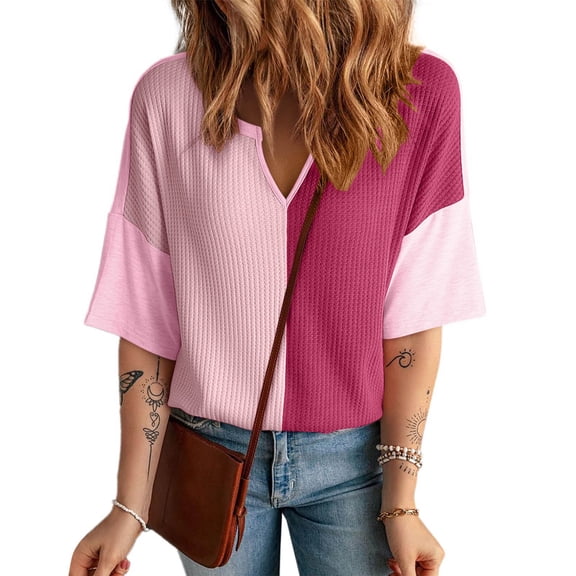 ClodeEU Womens Summer Tops,Casual V Neck Colorblock Patchwork Blouse,Half Sleeve Waffle Knitted Shirts, Hot Pink,Womens Plus L