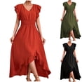 thumbnail image 1 of ClodeEU Womens Summer V Neck Ruff Sleeve Elastic Waist Dress, A Line Casual Loose Fit Maxi Dress Army Green,Womens Plus XXL, 1 of 6