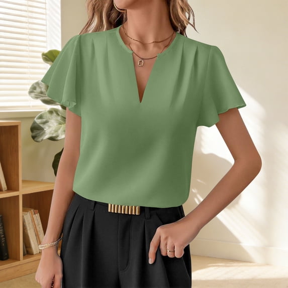 ClodeEU Womens Summer V-Neck Ruffle Short Sleeve Shirt,Loose Fit Casual Blouse Green,Womens Plus L
