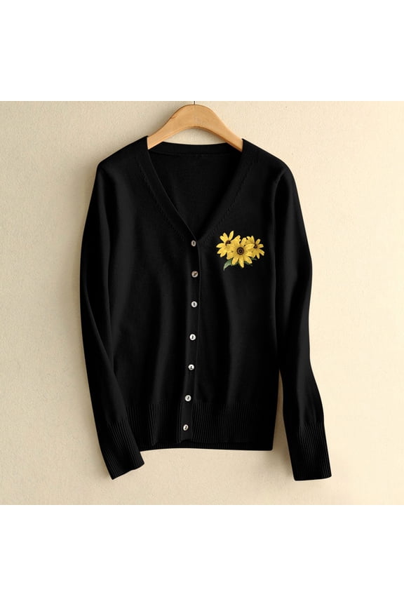 Womens Sweaters ,Floral Pattern Single Breasted Knit Cardigan Sweater, Fall Casual Lightweight Cardigans Black,Womens Plus S