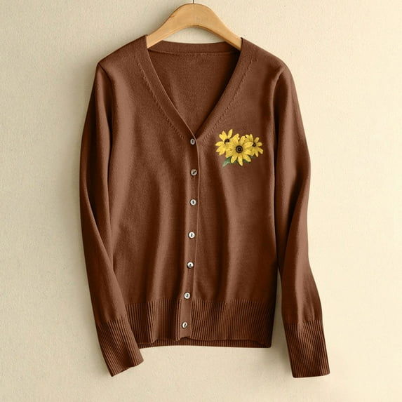 ClodeEU Womens Sweaters ,Floral Pattern Single Breasted Knit Cardigan Sweater, Fall Casual Lightweight Cardigans Brown,Womens Plus M