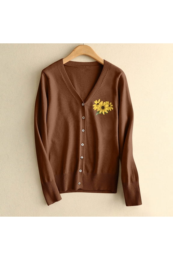 Womens Sweaters ,Floral Pattern Single Breasted Knit Cardigan Sweater, Fall Casual Lightweight Cardigans Brown,Womens Plus XL