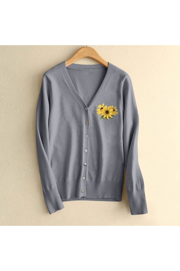 Womens Sweaters ,Floral Pattern Single Breasted Knit Cardigan Sweater, Fall Casual Lightweight Cardigans Gray,Womens Plus M